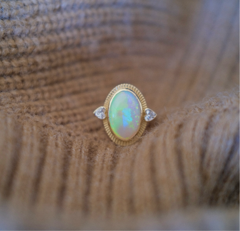 Australian Opal Icon Ring with heart shaped diamonds accents